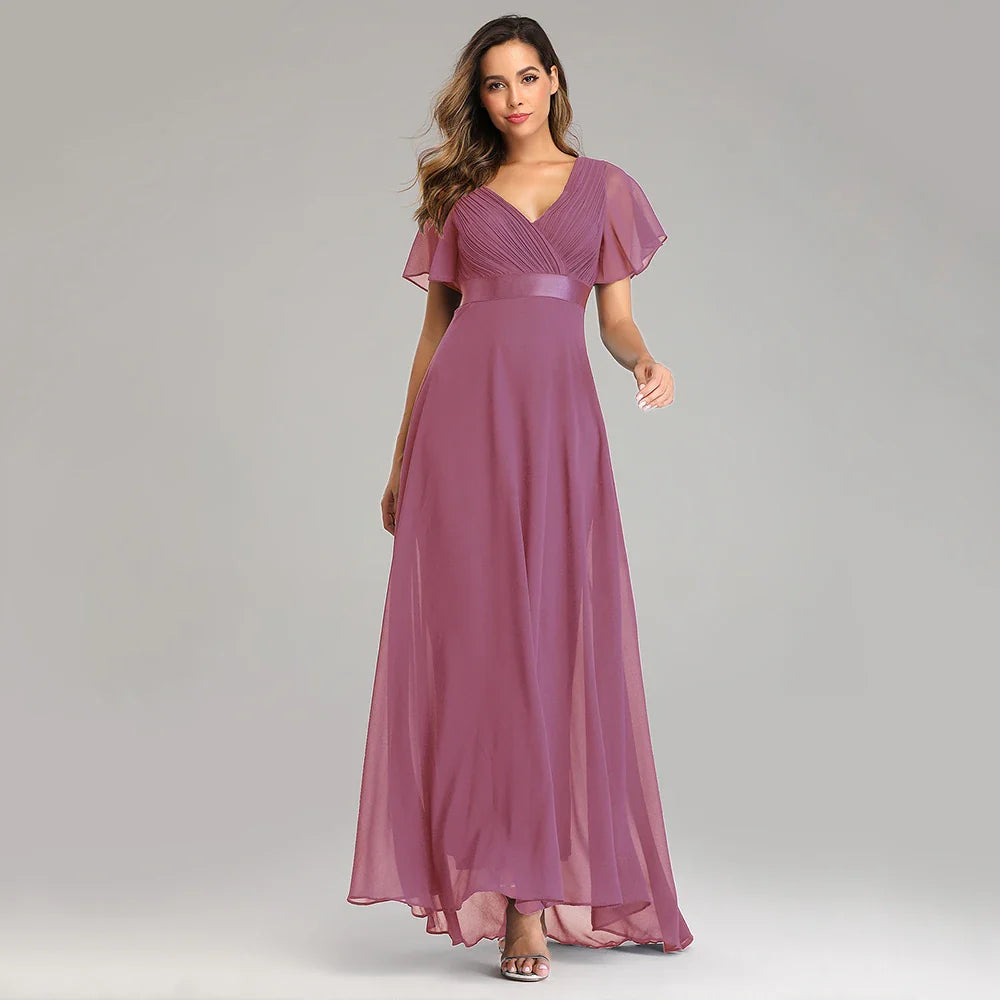 Women’s Evening Gown – Chiffon A-Line – V-Neck – Flutter Sleeves – Full Length