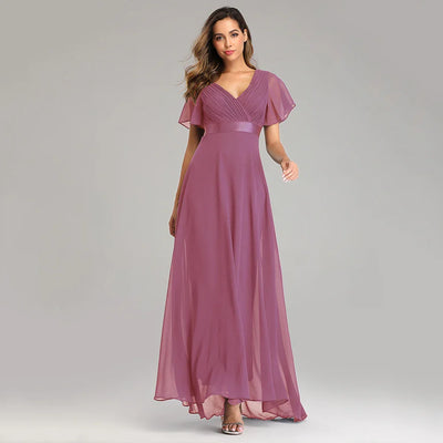 Women’s Evening Gown – Chiffon A-Line – V-Neck – Flutter Sleeves – Full Length