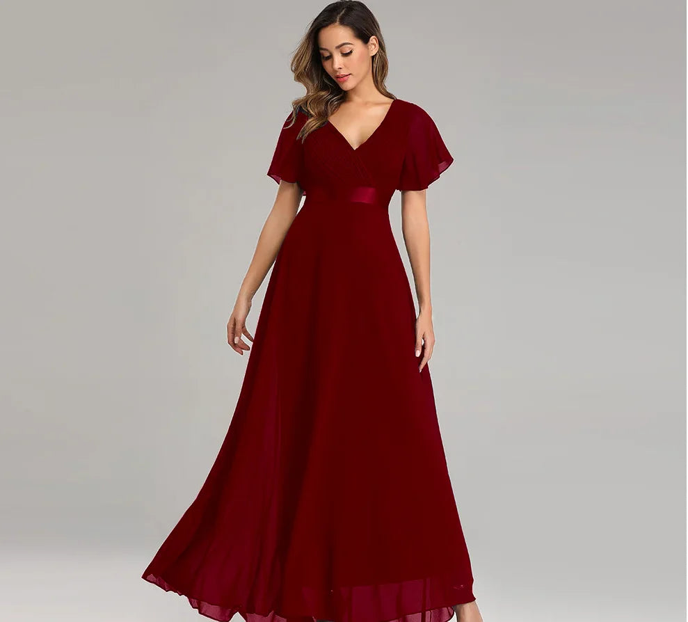 Women’s Evening Gown – Chiffon A-Line – V-Neck – Flutter Sleeves – Full Length