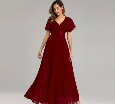 Women’s Evening Gown – Chiffon A-Line – V-Neck – Flutter Sleeves – Full Length