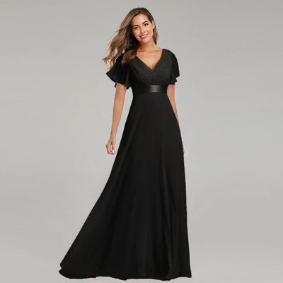 Women’s Evening Gown – Chiffon A-Line – V-Neck – Flutter Sleeves – Full Length