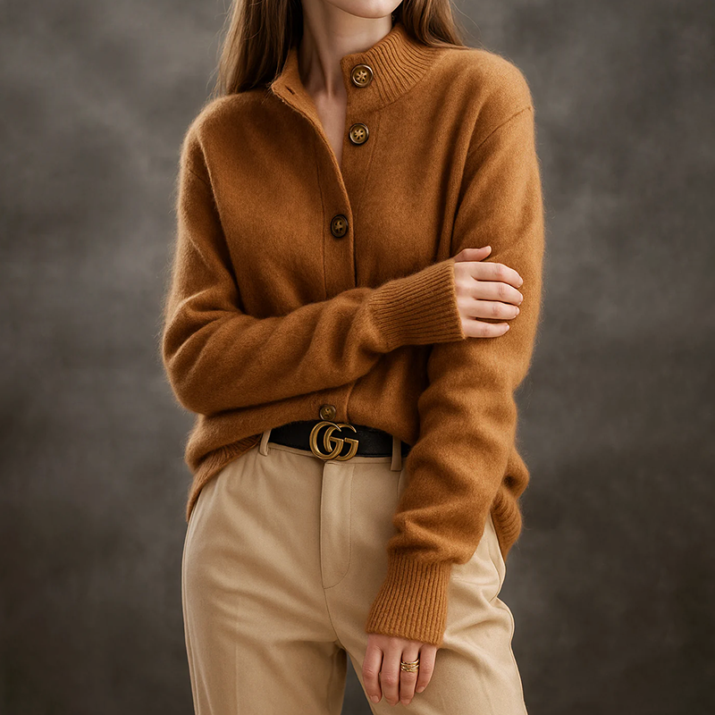 High-Collar Knit Cardigan for Women with Button Closure