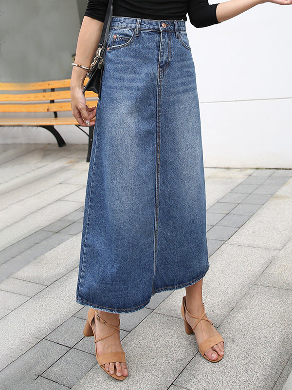 Avencea Denim Skirt with Pockets, High Waist, Women's Fashion, Blue