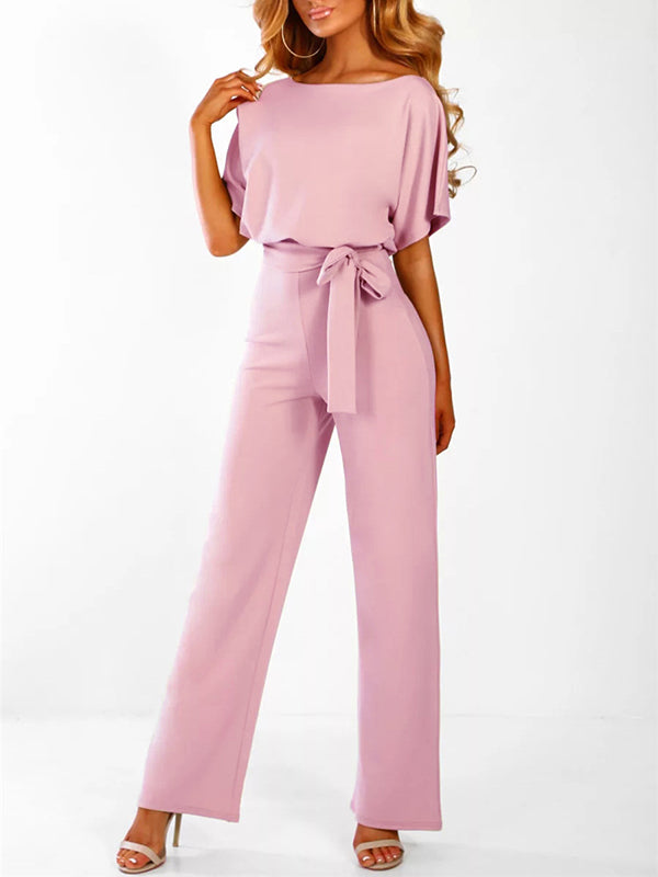 Avencea Overall with Ruffle Belt, Short Sleeves, Elegant Woman