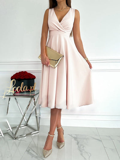 Avencea A-Line Midi Dress, Zipper, Straps, V-Neck, Sleeveless, Elegant, for Women, Cocktail Party