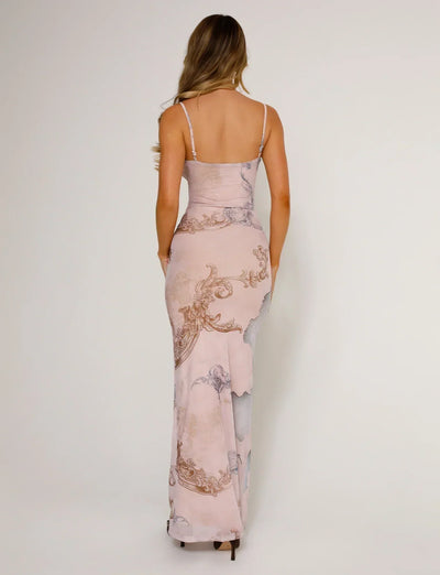 Women’s Full-Length Dress – Fitted Silhouette – V-Neck Thin Straps – Elegant Print