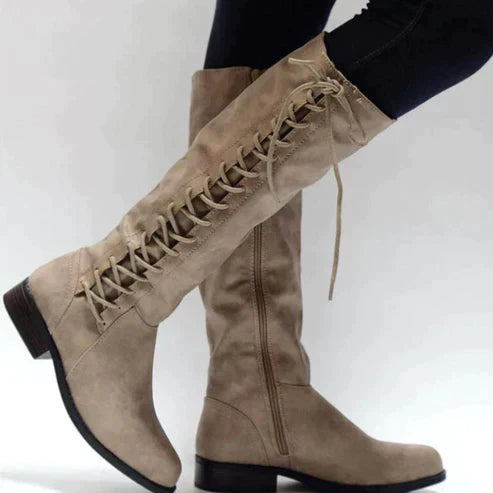 Women’s Knee-High Boots – Lace-Up Front – Side Zipper – Flat Sole – Sleek Fit