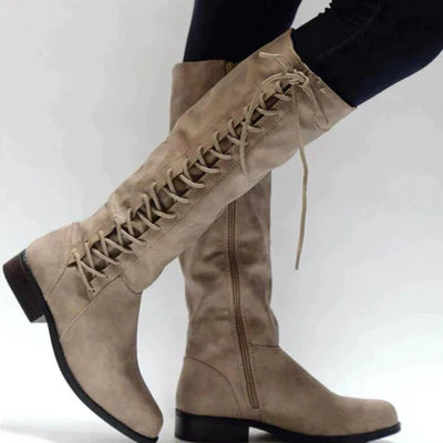 Women’s Knee-High Boots – Lace-Up Front – Side Zipper – Flat Sole – Sleek Fit