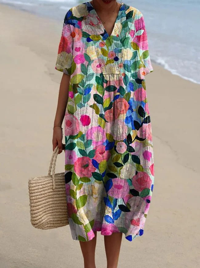 Odelas - Colorful Floral Cotton Linen Dress