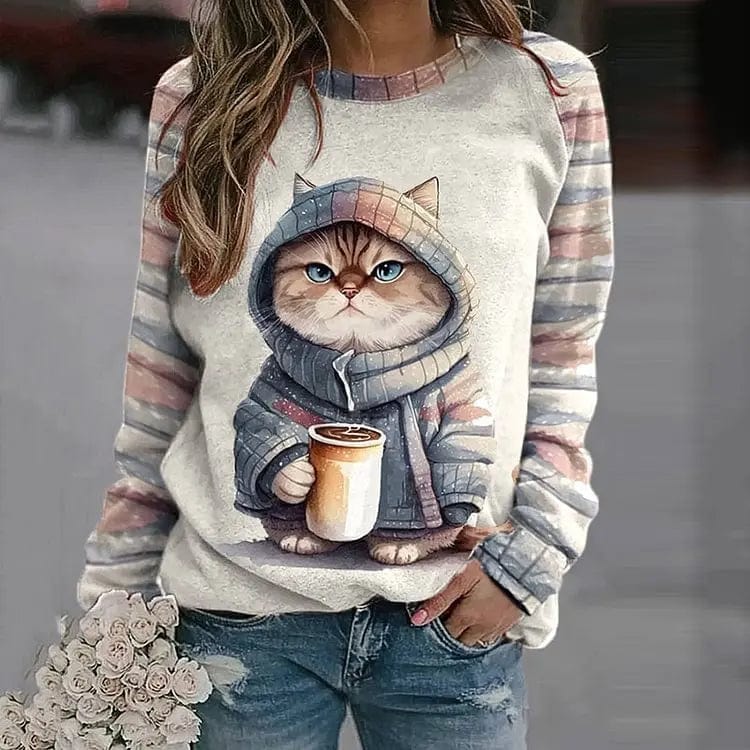Women’s Pullover Sweatshirt – Relaxed Fit Cotton Knit – Cat Graphic – Ribbed Trim – Casual Style