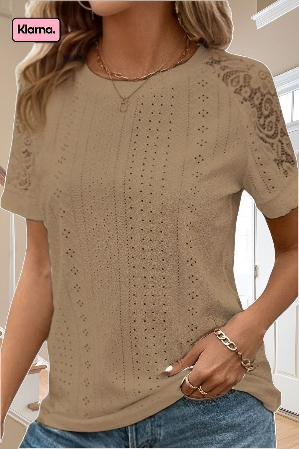 Avencea | Round Neck Top with Lace Detail in Solid Blue