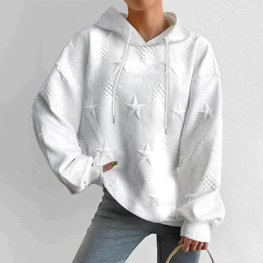 Women’s Knit Hooded Sweater – Oversized Fit – Embossed Star – Long Sleeve
