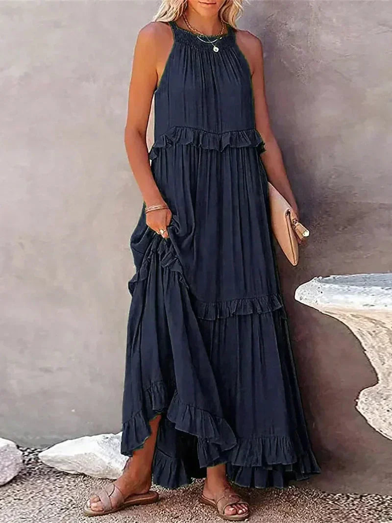 Women’s Maxi Dress – Halter Neck – Ruffle Tiers – Flowy Fit – Lightweight Cotton