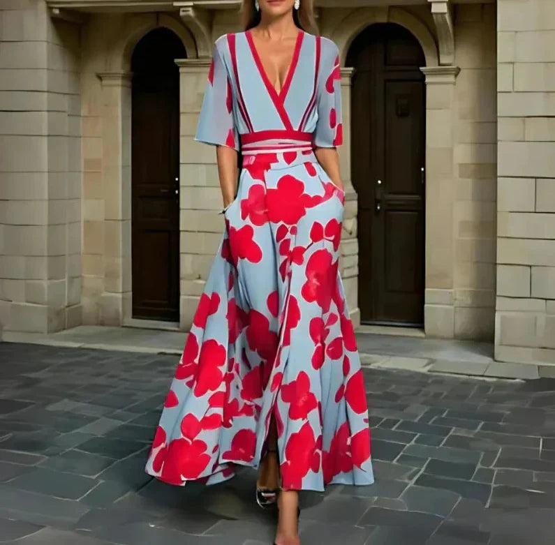 Cosette - Elegant V-Neck Flowy Maxi Dress