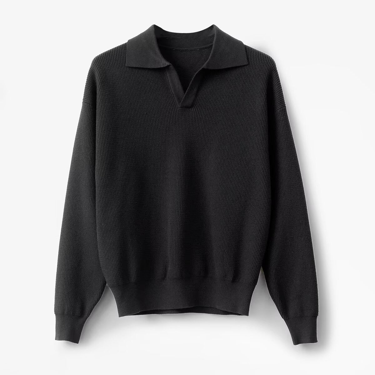 Men’s Polo Pullover – Relaxed Fit – Wool Knit – Long Sleeve Ribbed Cuffs