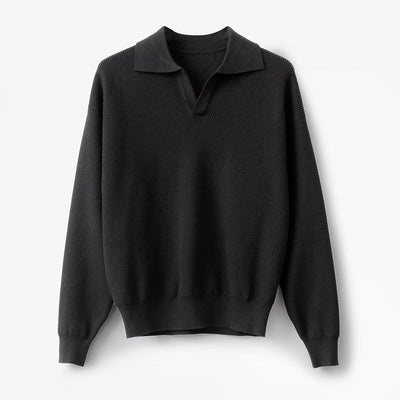 Men’s Polo Pullover – Relaxed Fit – Wool Knit – Long Sleeve Ribbed Cuffs