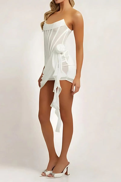 Women’s Corset Mini Dress – Strapless – Sheer Fabric – Boned Bodice – Draped Detail