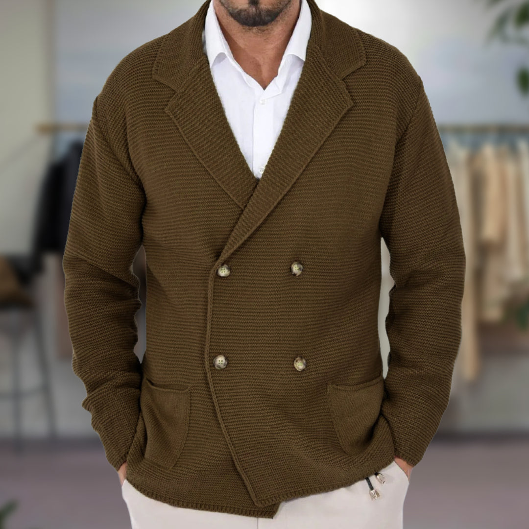 Men’s Cardigan – Wool Blend – Regular Fit – Double-Breasted – Blazer Lapel – Ribbed Knit