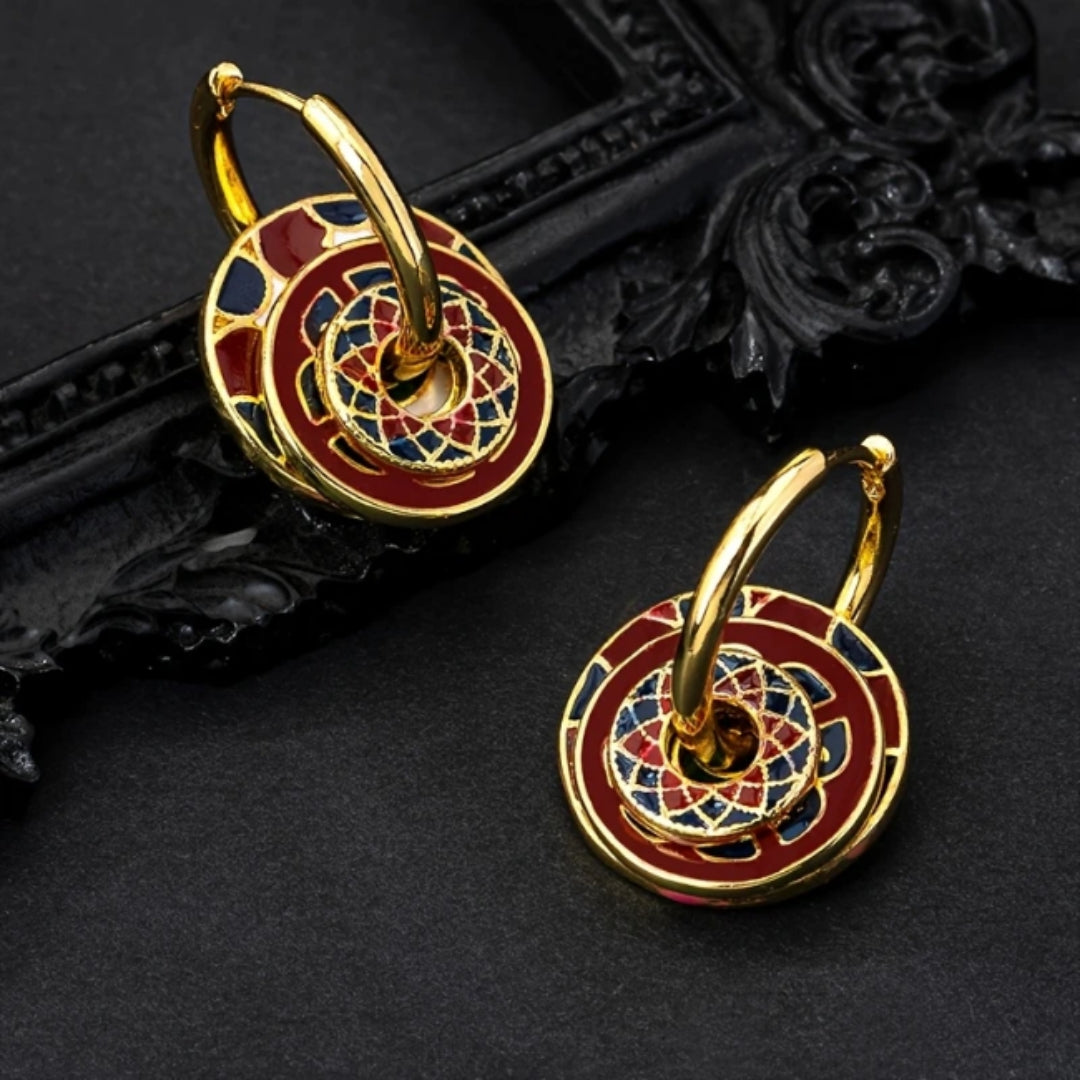 Red Enamel Mandala Hoop Earrings