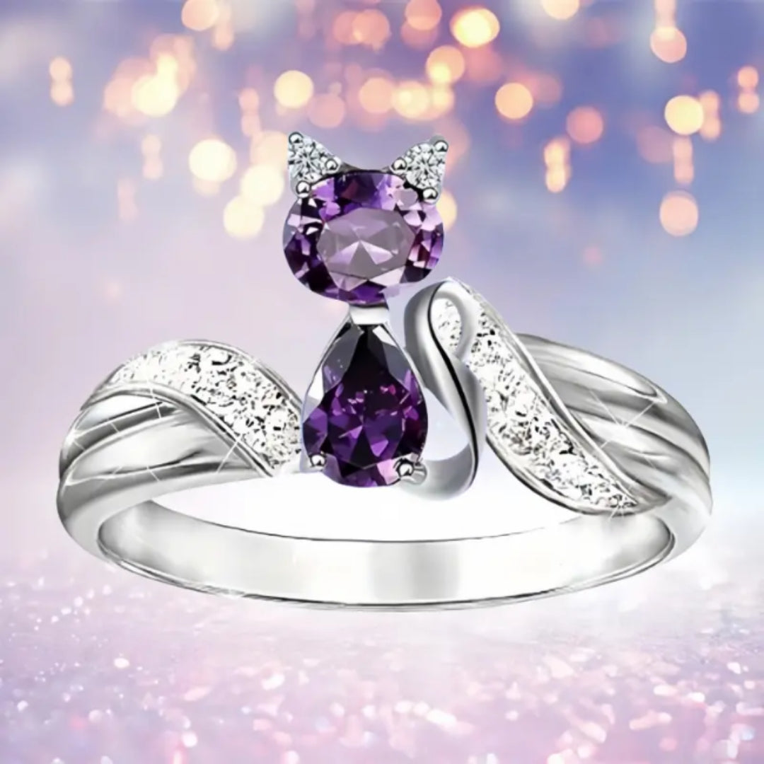 Bright Purple Kitty Silvered Ring