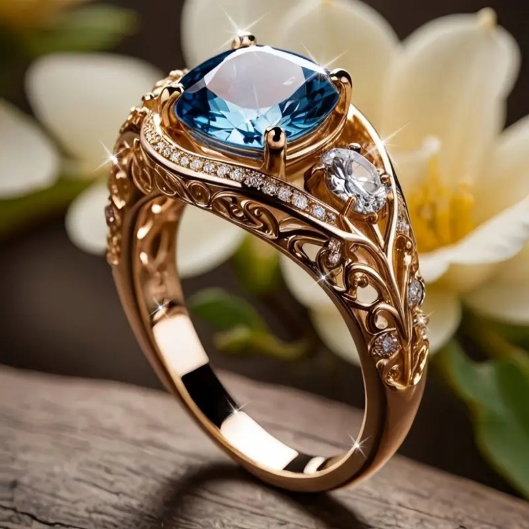 Exotic Light Blue Hollow Gold Ring