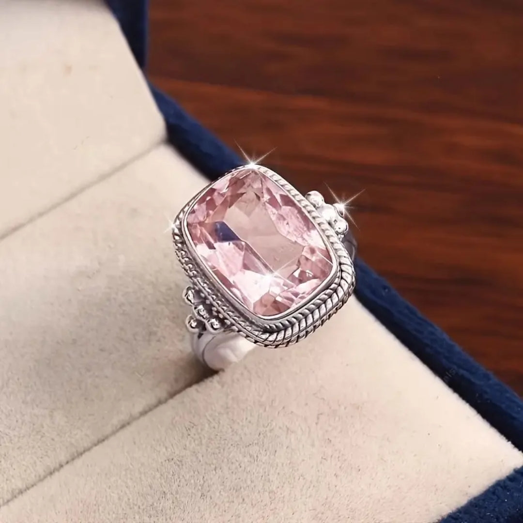Pink Cubic Glass Silvered Ring