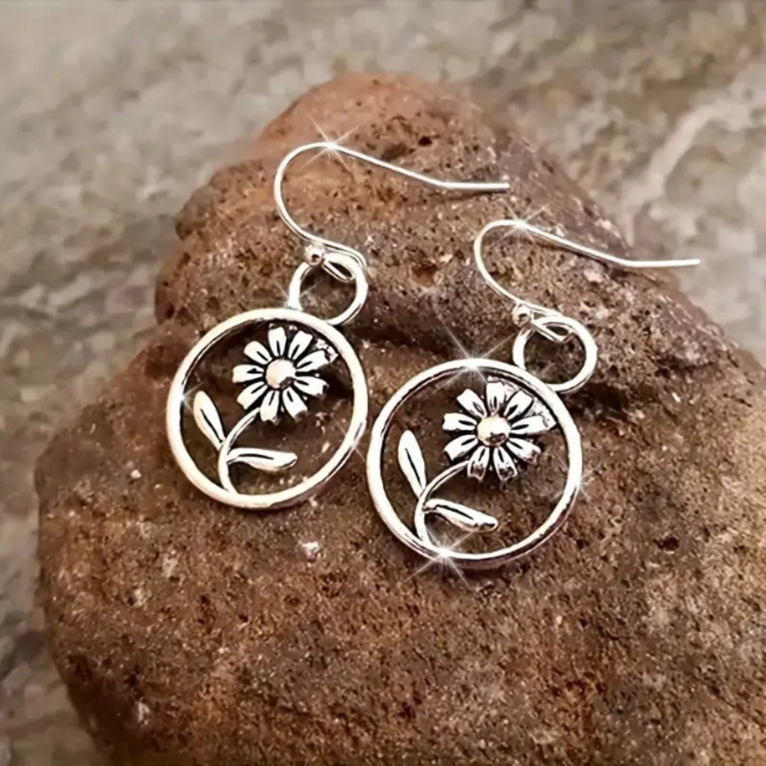 Rounded Silver Flower Dangling Earrings