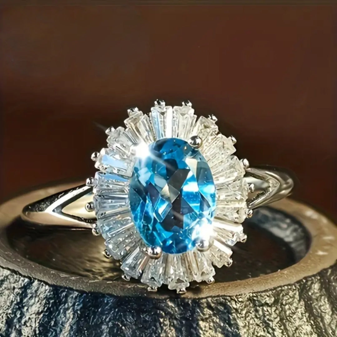 Blue Rounded Crystalline Silver Ring