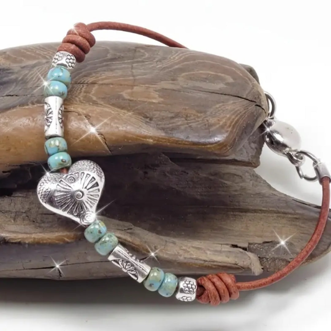 Silver Heart Leather Stones Bracelet