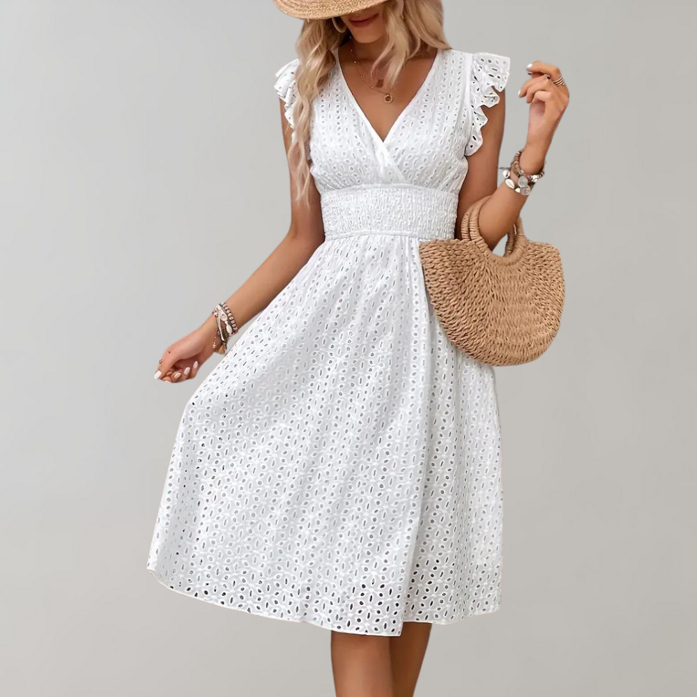 Avencea - White Summer Dress for Women with Ruffles and Sleeveless