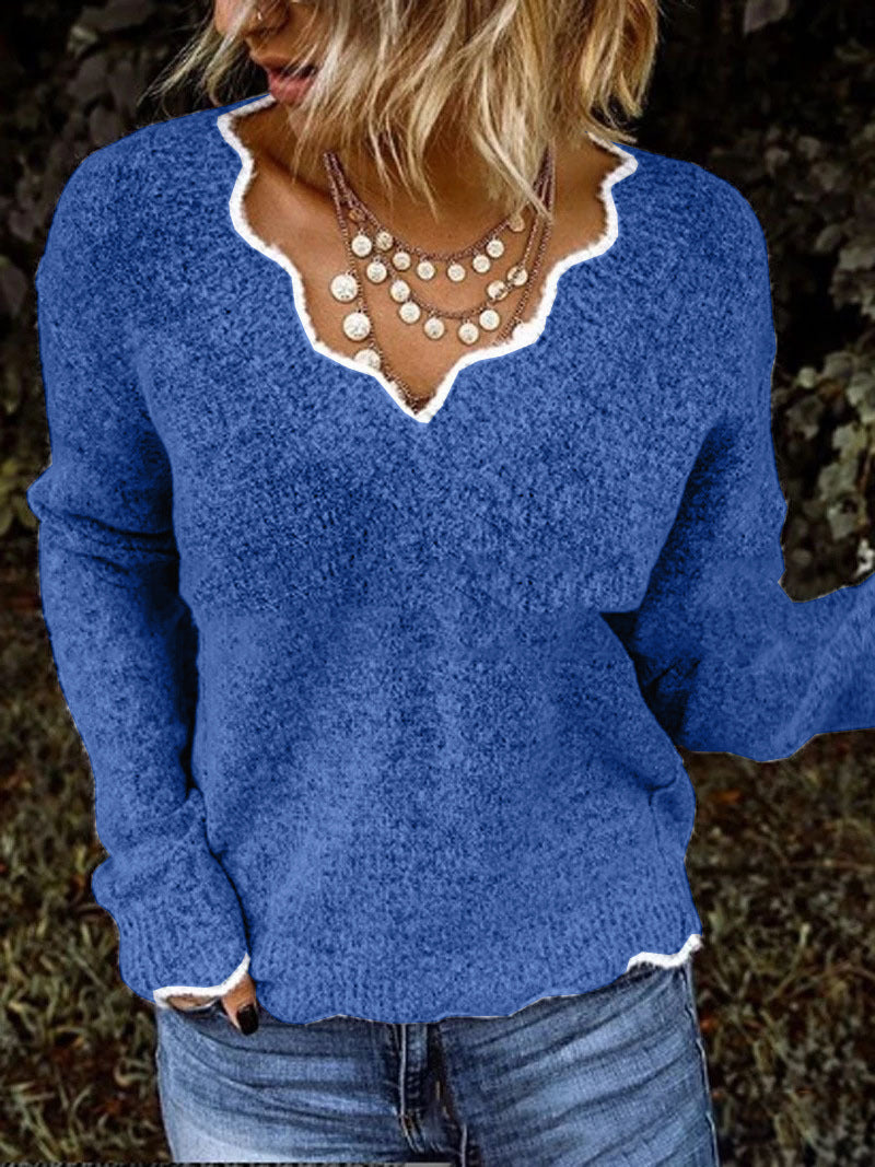 Women’s Sweatshirt – Relaxed Fit – Wool Knit – Scalloped Neckline – Soft Pullover