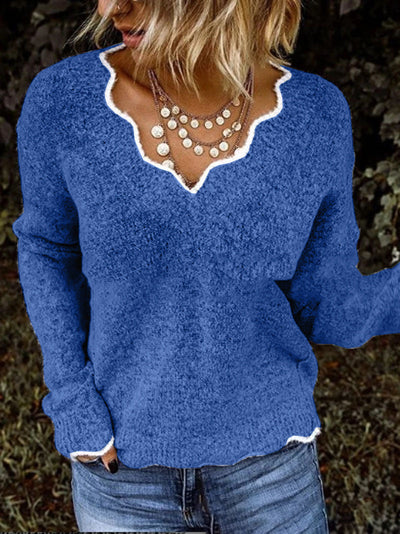 Women’s Sweatshirt – Relaxed Fit – Wool Knit – Scalloped Neckline – Soft Pullover