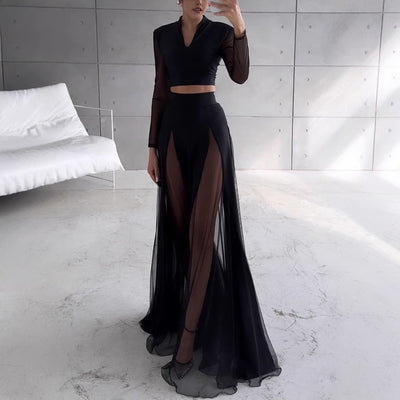 Women’s Two-Piece Set – Sheer Mesh Crop Top – Long Sleeve – A-Line Maxi Skirt