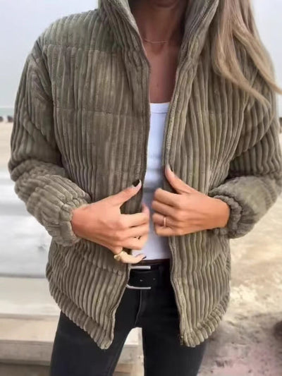 Women’s Corduroy Jacket – Relaxed Fit – Cropped Length – Zip Front – Stand Collar