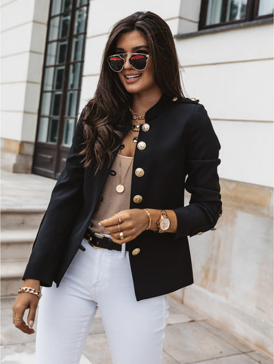 Women’s Blazer – Slim Fit – Gold Button Accents – Mandarin Collar – Structured Short Length