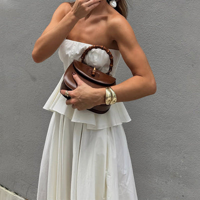 Women’s Maxi Dress – Strapless Fitted Bodice – Peplum Waist – Flowing A-Line Skirt