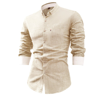 Men’s Button-Up Shirt – Cotton Linen Blend – Slim Fit – Long Sleeve – Point Collar