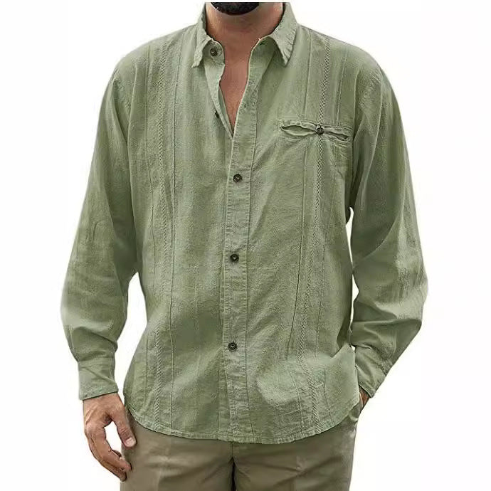 Men’s Linen Shirt – Relaxed Fit – Long Sleeve – Button-Up with Chest Pocket