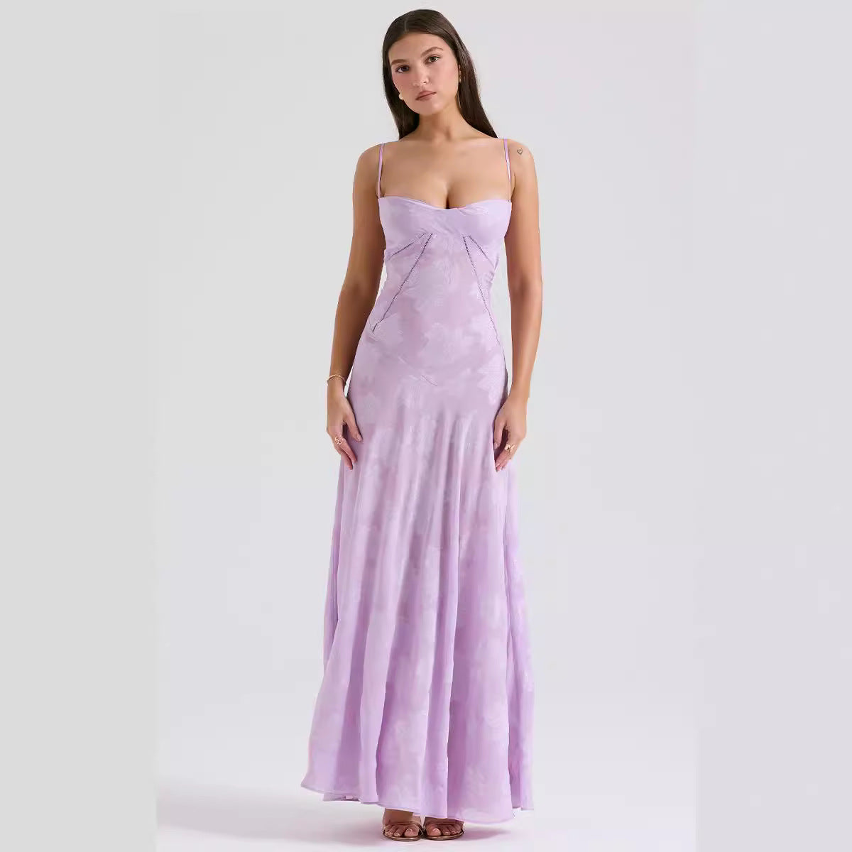 Women’s Evening Gown – Chiffon – Slim Fit – Embroidered – Spaghetti Strap – Floor Length