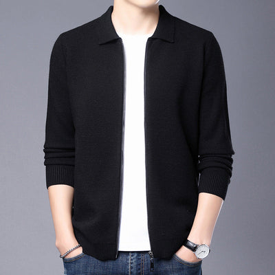 Men’s Cardigan – Slim Fit – Wool Fabric – Zip Front – Classic Collar – Ribbed Trim