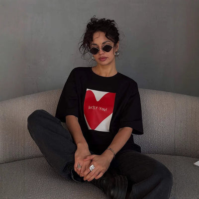 Women’s T-shirt – 100% Cotton – Oversized Fit – Graphic Heart Print – Crew Neck Casual Wear