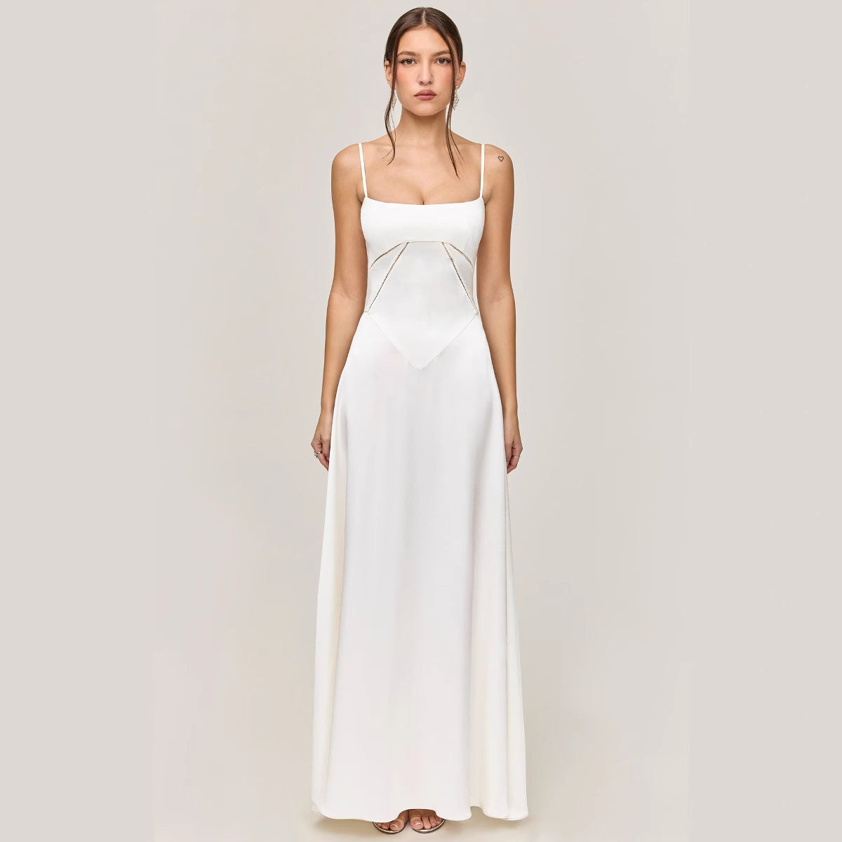 Women’s Midi Dress – Slim Fit – Satin Feel – Lace Bodice – Spaghetti Straps