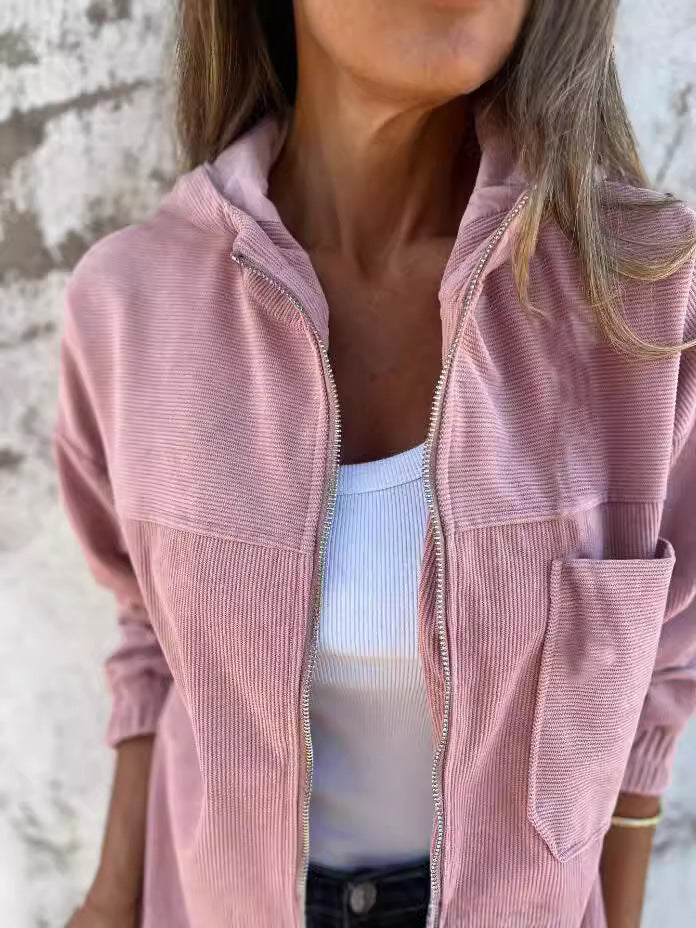 Women’s Hooded Jacket – Corduroy – Relaxed Fit – Zip Front – Waist Length Casual Style