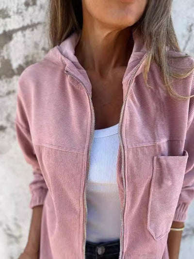 Women’s Hooded Jacket – Corduroy – Relaxed Fit – Zip Front – Waist Length Casual Style