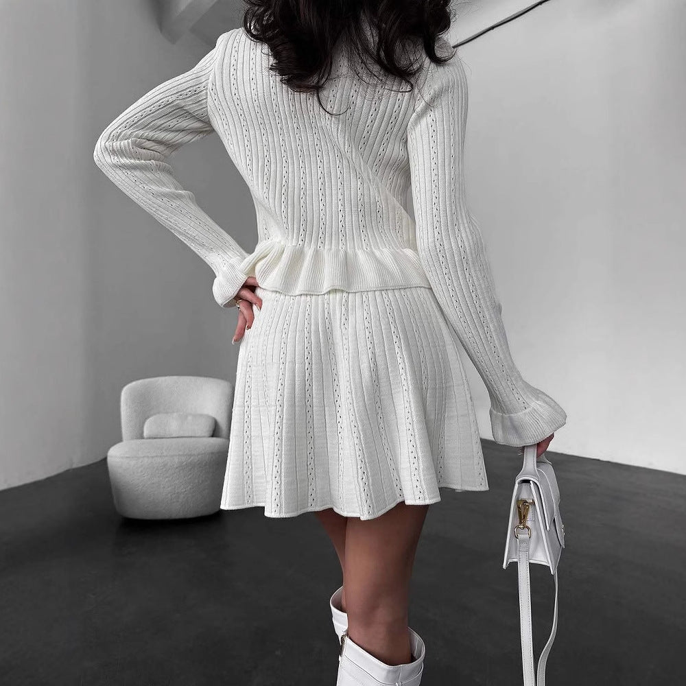 Women’s Knit Set – V-Neck Button Top – Ribbed Texture – Flared Mini Skirt