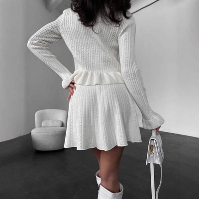 Women’s Knit Set – V-Neck Button Top – Ribbed Texture – Flared Mini Skirt