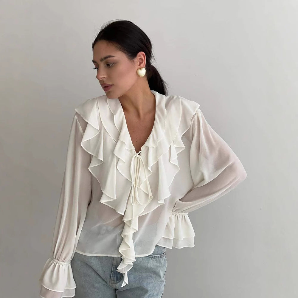 Women’s Blouse – Sheer Lightweight Fabric – Ruffle V-Neck – Relaxed Fit Long Sleeve