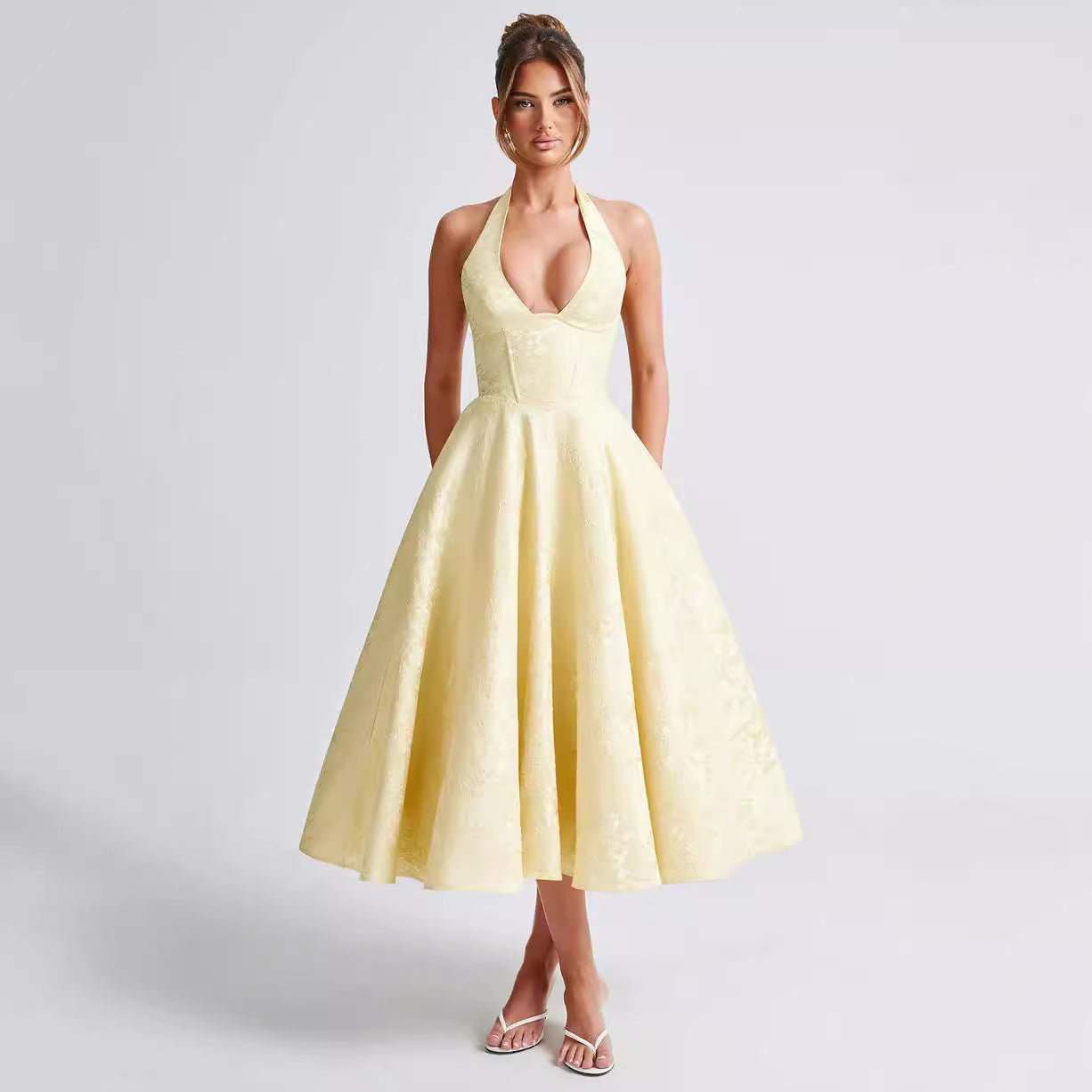 Women’s Halter Neck Maxi Dress – Jacquard Fabric – V-Neck – Tie Waist – Flared Fit