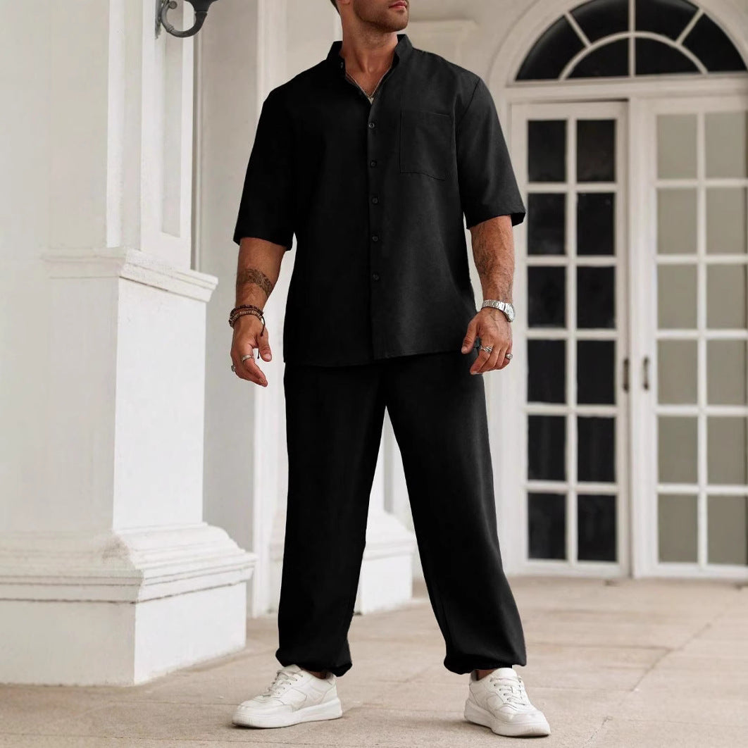 Men’s Casual Set – Cotton Linen Blend – Relaxed Fit – Button-Down Shirt & Trousers