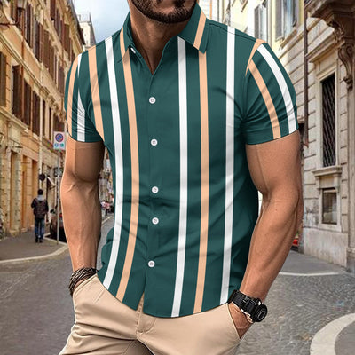 Men’s Button-Up Shirt – Slim Fit – Cotton – Vertical Stripe – Short Sleeve Casual